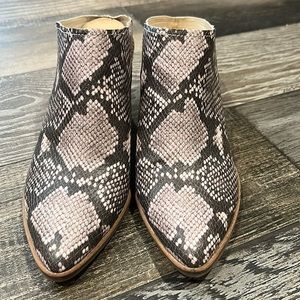 Snakeskin open heel booties